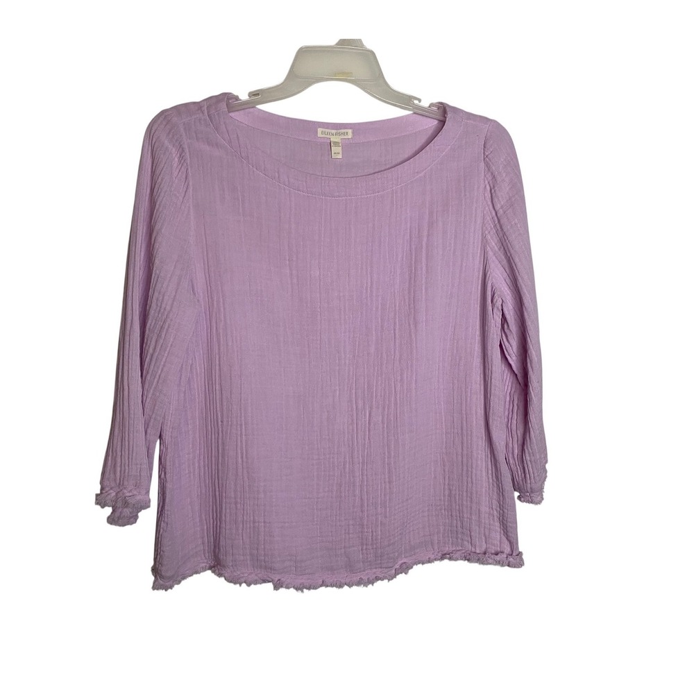 Eileen Fisher Organic Cotton Gauze 3/4 Sleeve Shaggy Hem Blouse Top Medium Pink